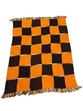 Vintage 70s Granny Square Afghan Crochet Throw Blanket 60”x49" Orange Brown
